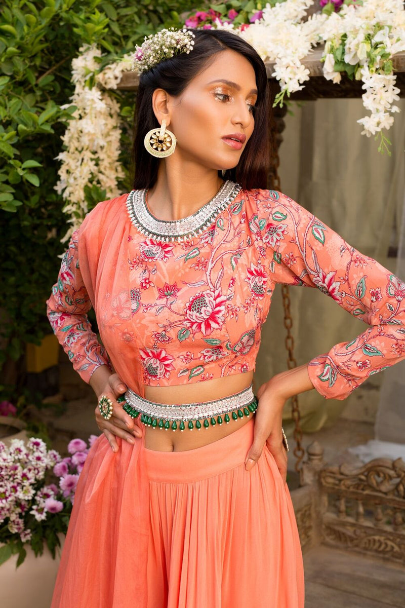 Coral Printed Blouse With Attached Dupatta And Palazzo With Embroidered Belt