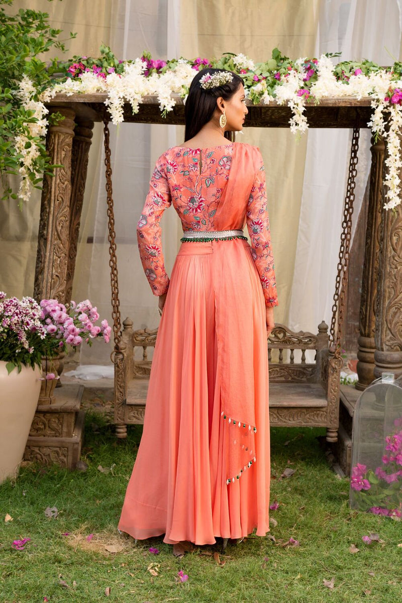 Coral Printed Blouse With Attached Dupatta And Palazzo With Embroidered Belt