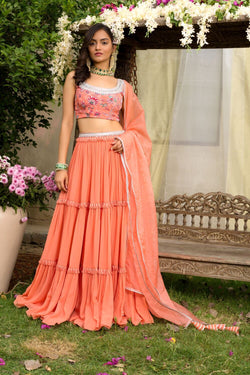 Coral Printed Blouse With Coral Tiered Lehenga And Dupatta