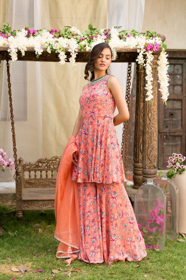 Coral Printed Tunic And Sharara With Dupatta