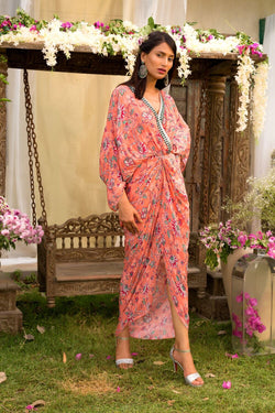 Coral Printed Kaftan Dress With Embroidered Neckline
