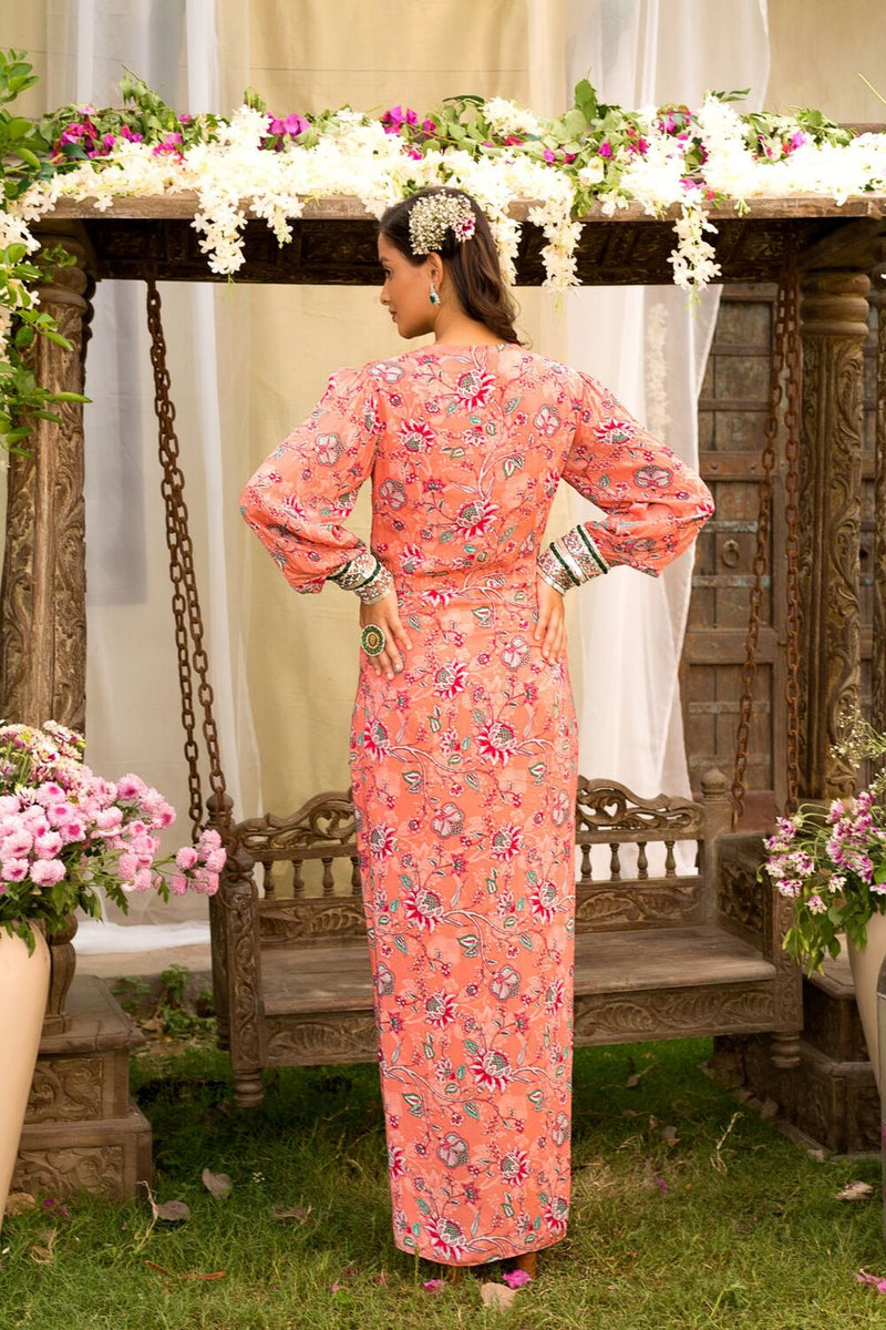Coral Printed Wrap Dress With Embroidered Cuffs
