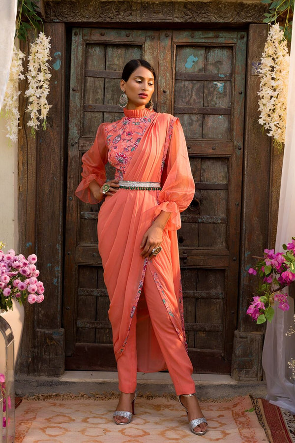 Coral Printed Blouse With Pant Saree And Belt