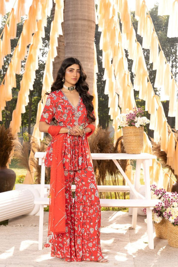 Red Printed Sharara Set