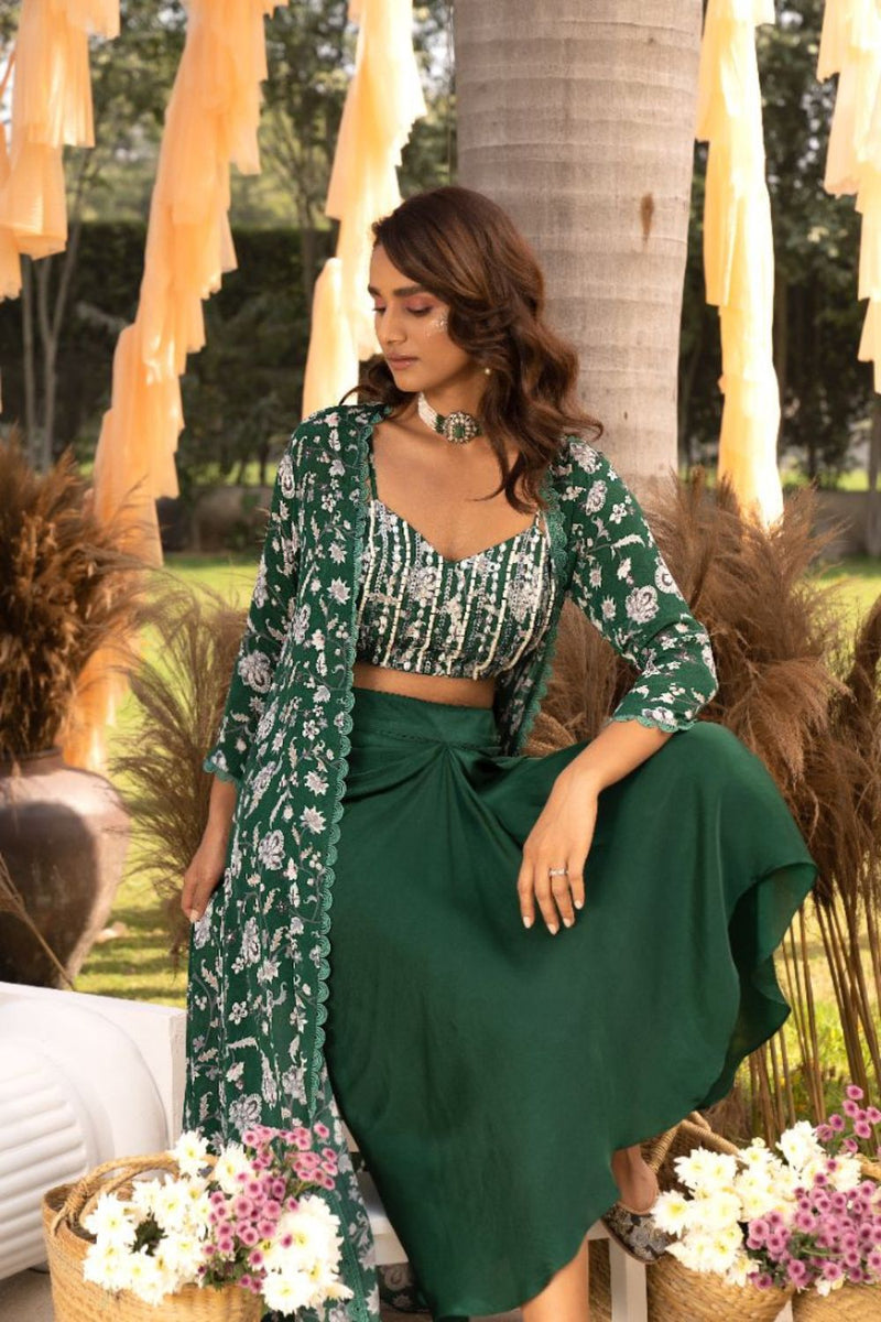 Bottle Green Printed Cape Set