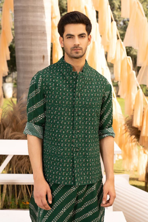 Bottle Green Printed Bundi Set