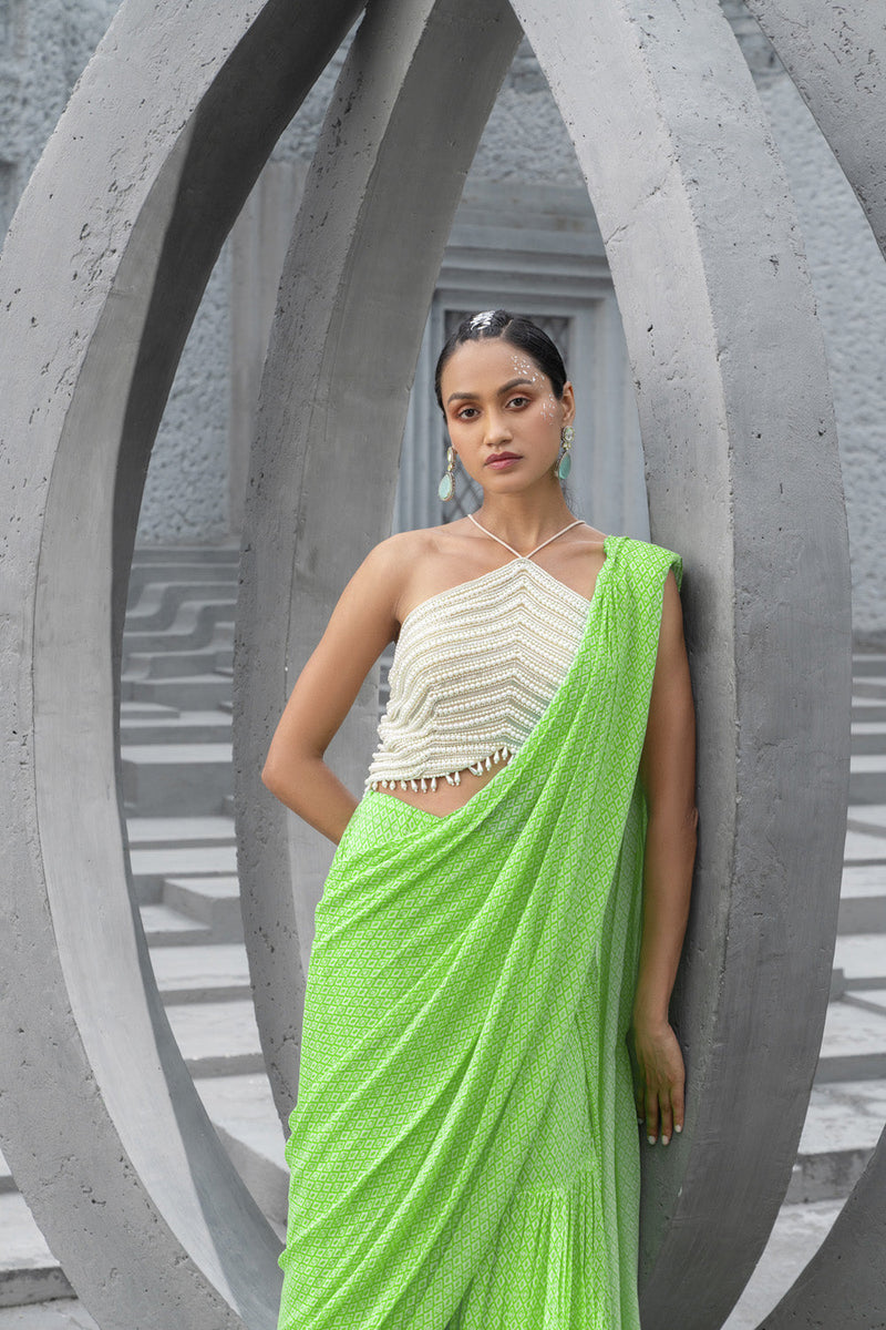 Lime Green Printed Pre-Stitched Saree And Blouse