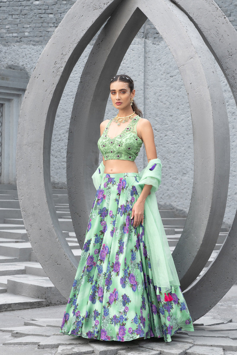 Sea Green Printed Lehenga Set