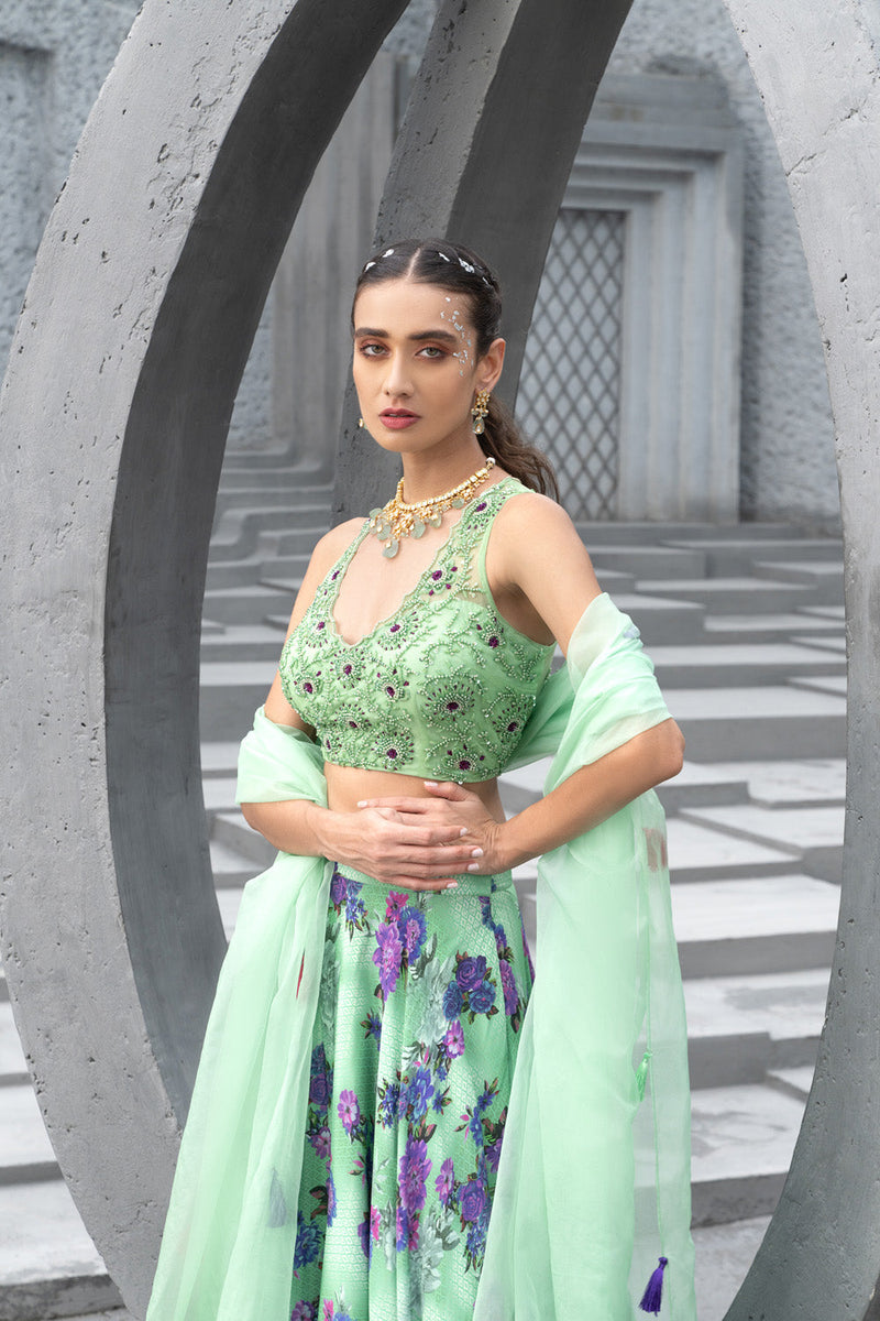 Sea Green Printed Lehenga Set