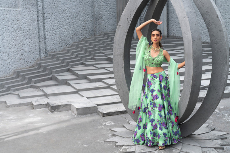 Sea Green Printed Lehenga Set