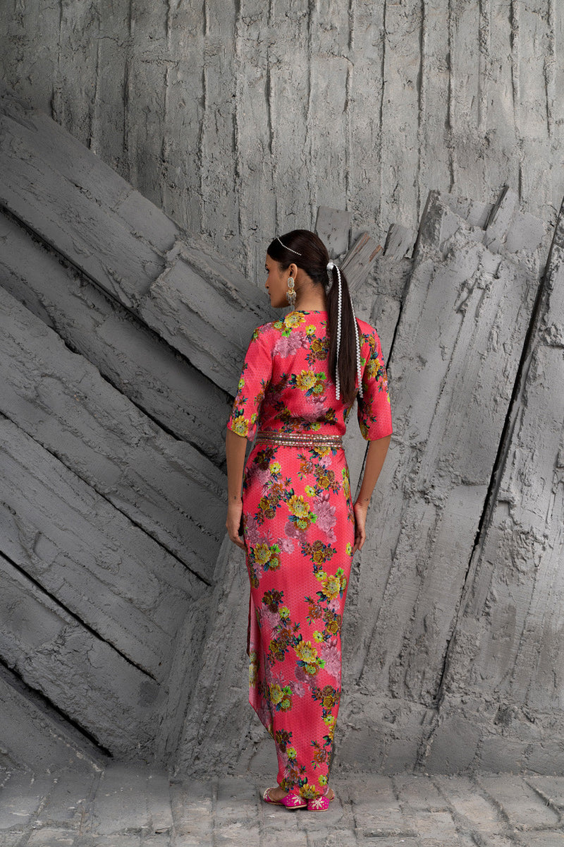 Raspberry Printed Draped Dress