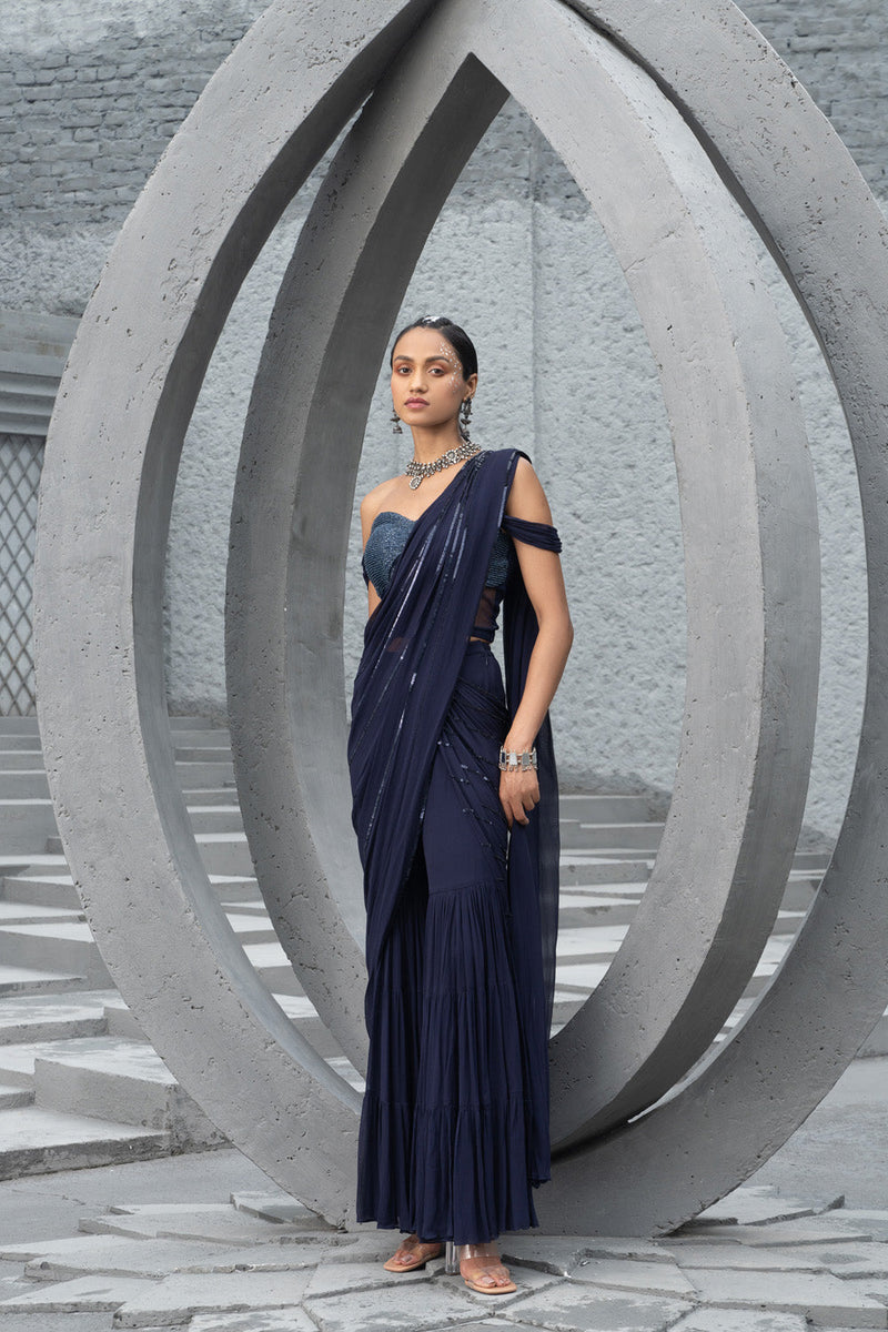 Navy Blue Sharara Saree With Corset