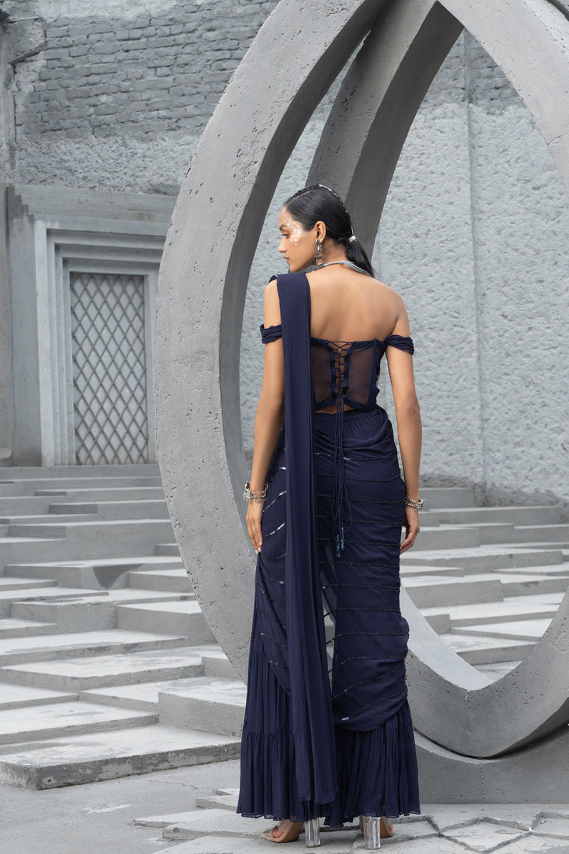 Navy Blue Sharara Saree With Corset