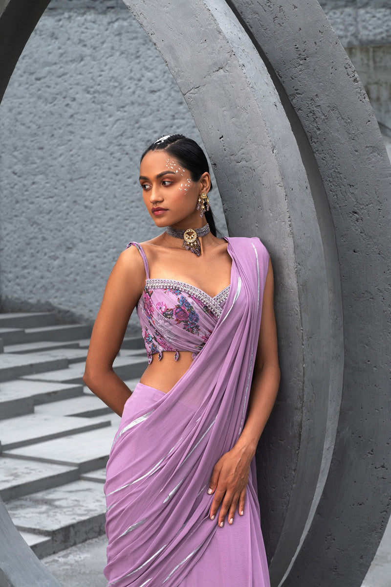 Lavender Foil Print Saree And Printed Blouse