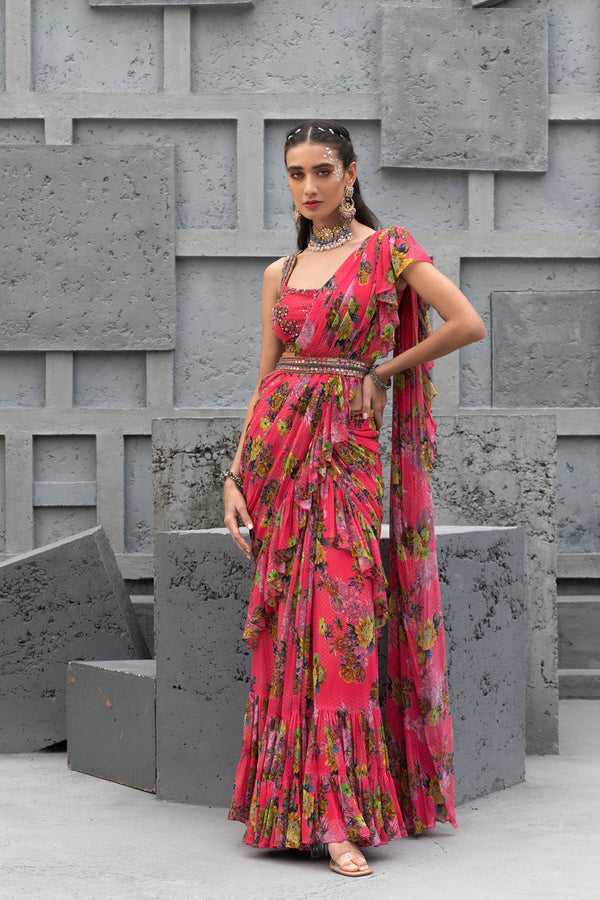 Raspberry Printed Saree With Blouse