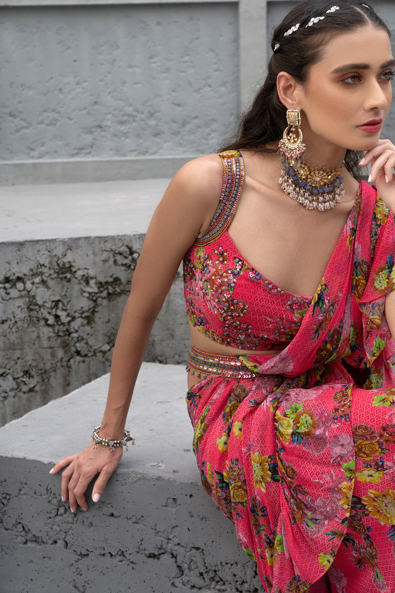 Raspberry Printed Saree With Blouse