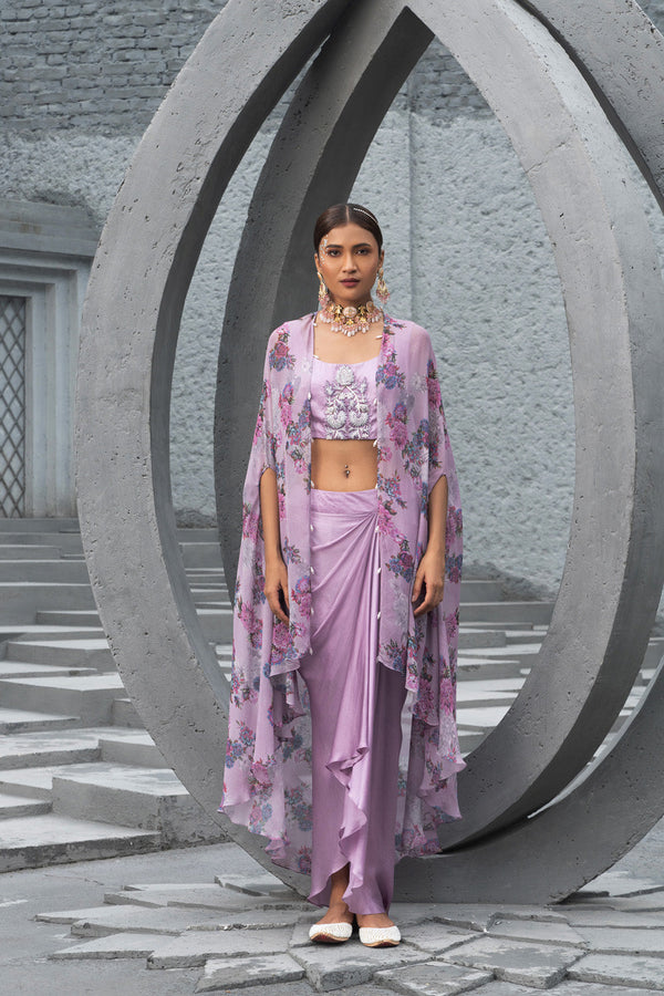 Lavender Printed Cape With Draped Skirt And Embroidered Inner
