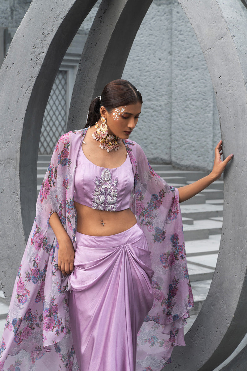 Lavender Printed Cape With Draped Skirt And Embroidered Inner