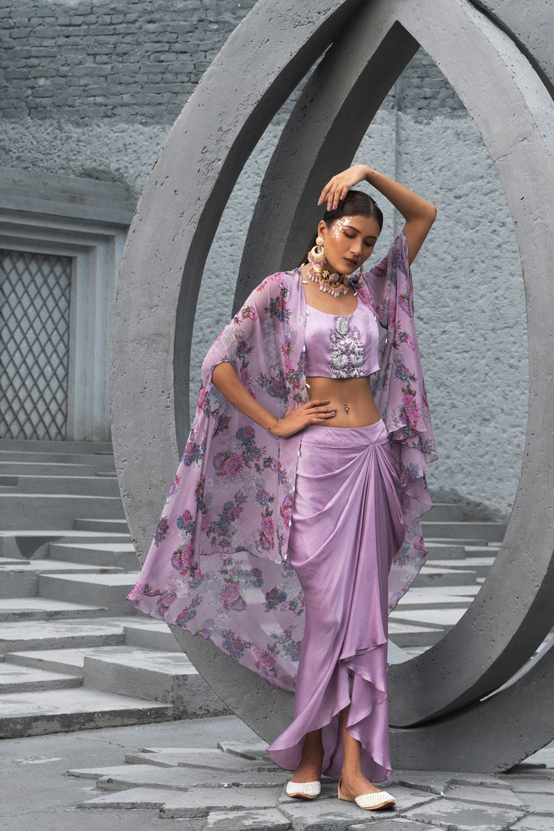 Lavender Printed Cape With Draped Skirt And Embroidered Inner