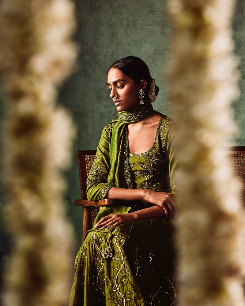 Olive Green Resham & Leather Work Anarkali Set