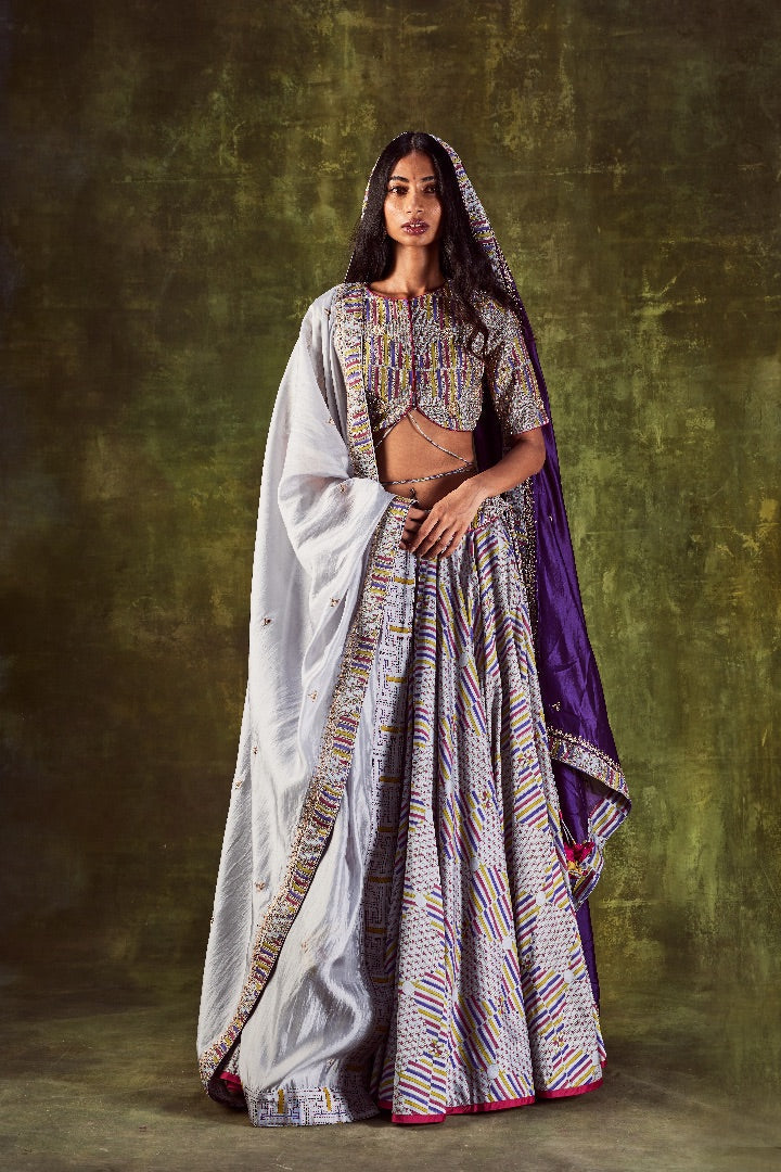 Printed Front Tieup Blouse With Lehenga And Dupatta