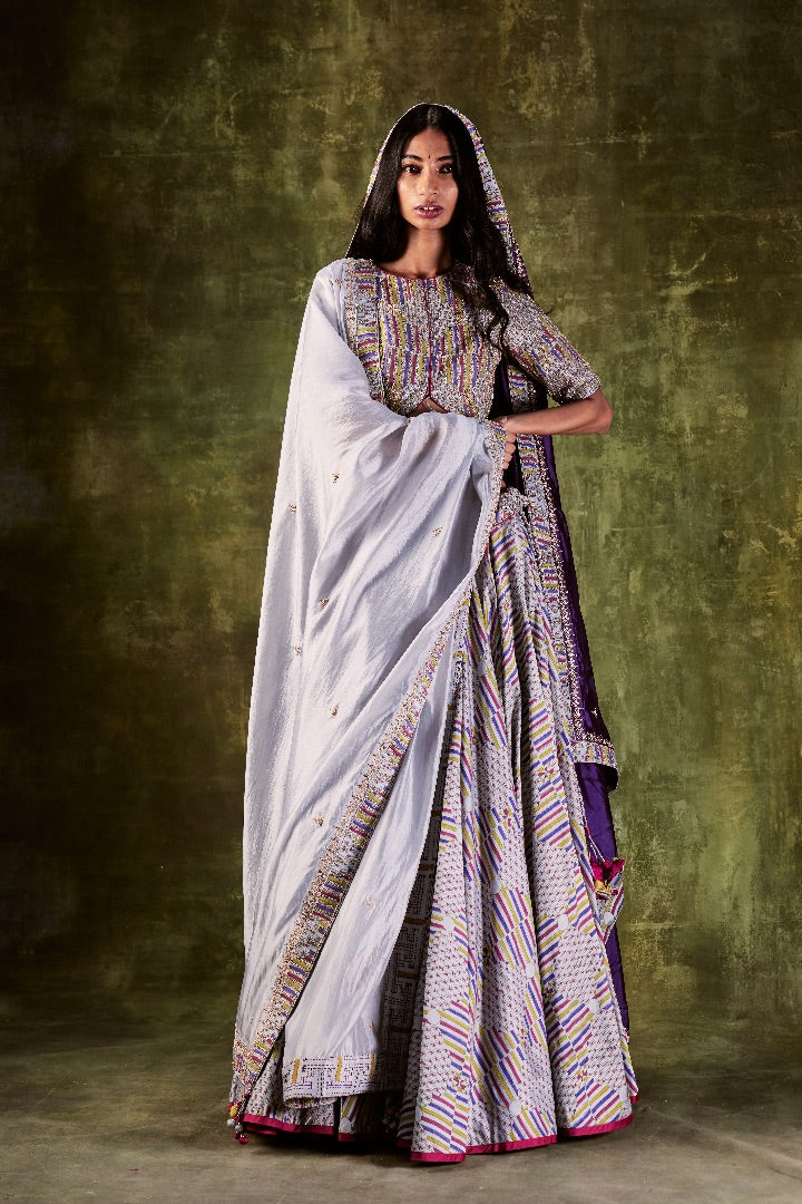Printed Front Tieup Blouse With Lehenga And Dupatta