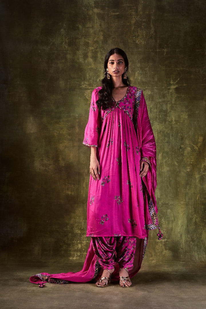 Pink Printed Anarkali & Cowl Pants
