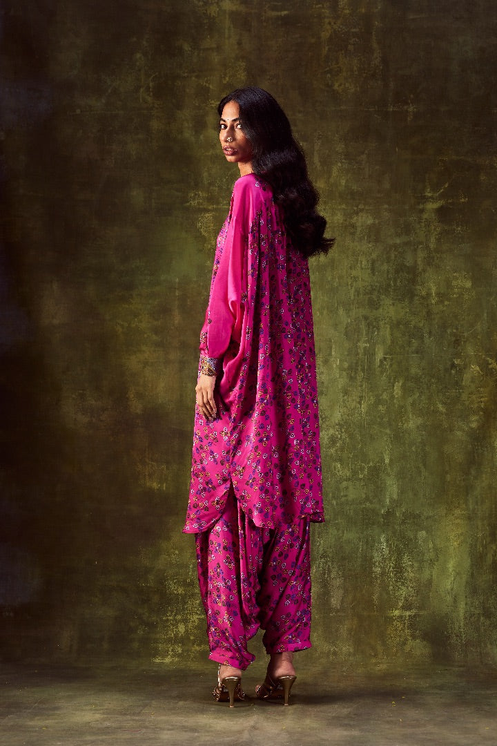 Pink Printed Loose Dress Paired With Cowl Pants