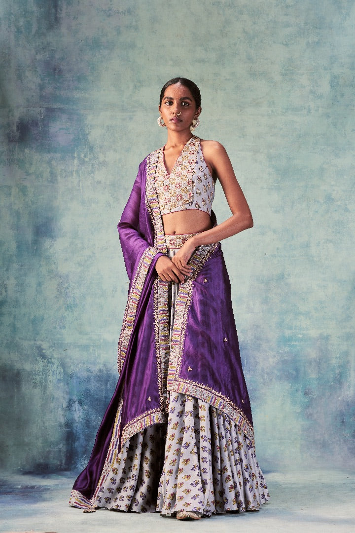 Grey Printed Lehenga Paired With Halter Neck blouse & Dupatta