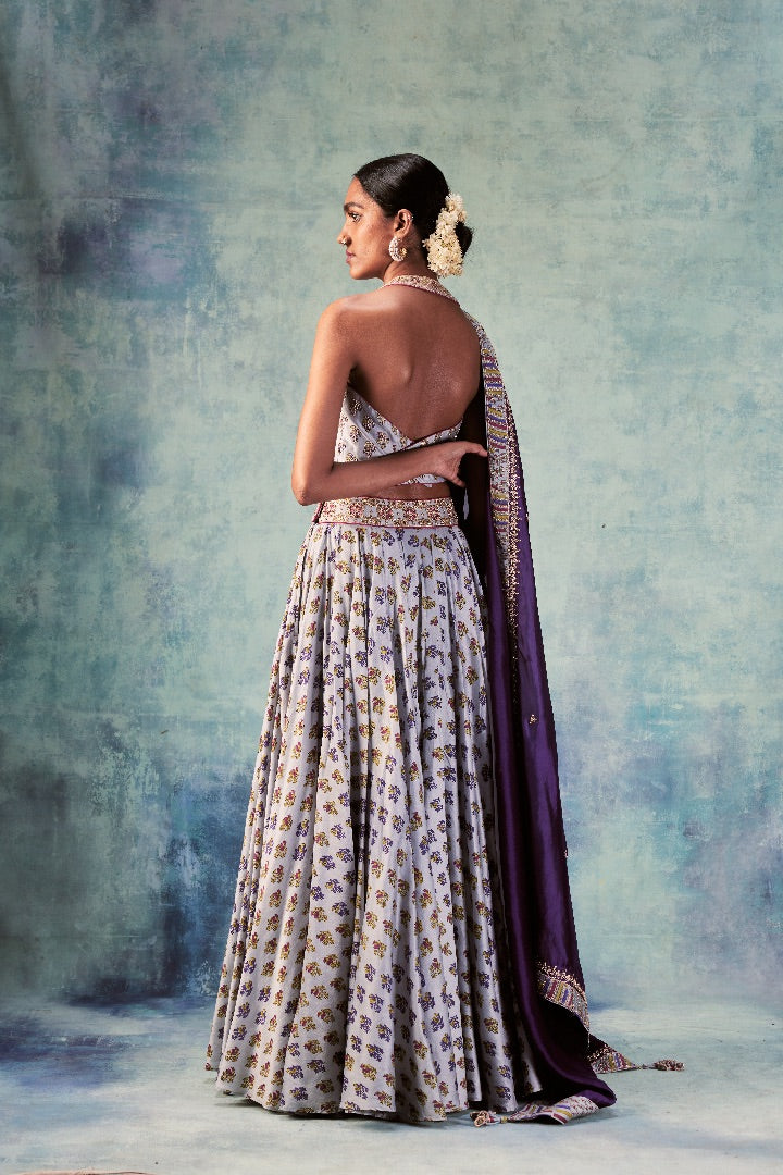 Grey Printed Lehenga Paired With Halter Neck blouse & Dupatta