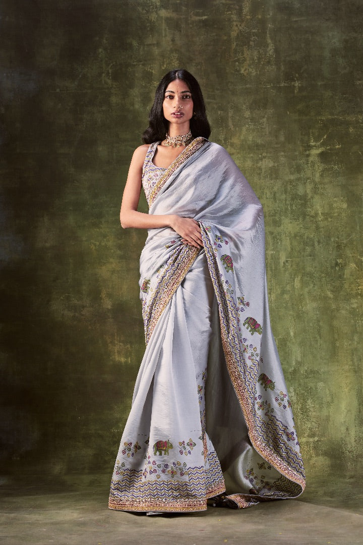 Grey Printed Dori & Zardozi Work Saree.