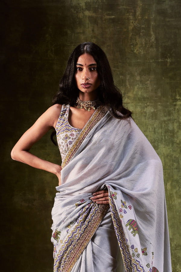 Grey Printed Dori & Zardozi Work Saree.