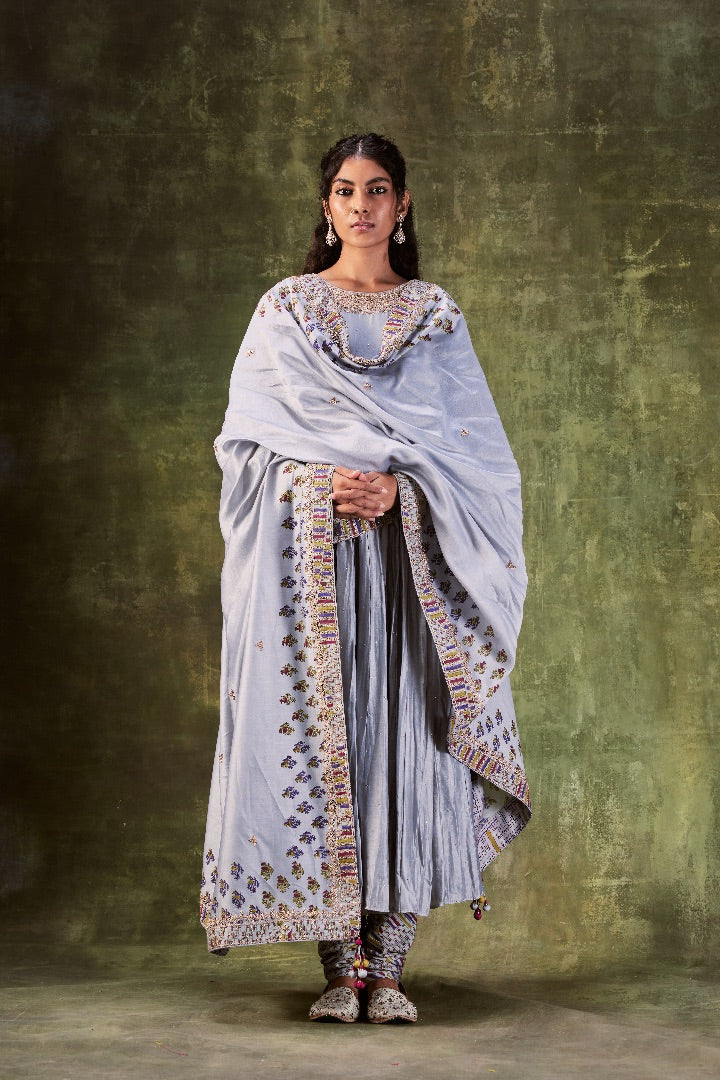 Grey 0'neck Anarkali Set Paired With Printed Dupatta & Churidar