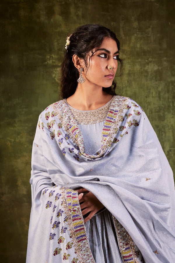 Grey 0'neck Anarkali Set Paired With Printed Dupatta & Churidar