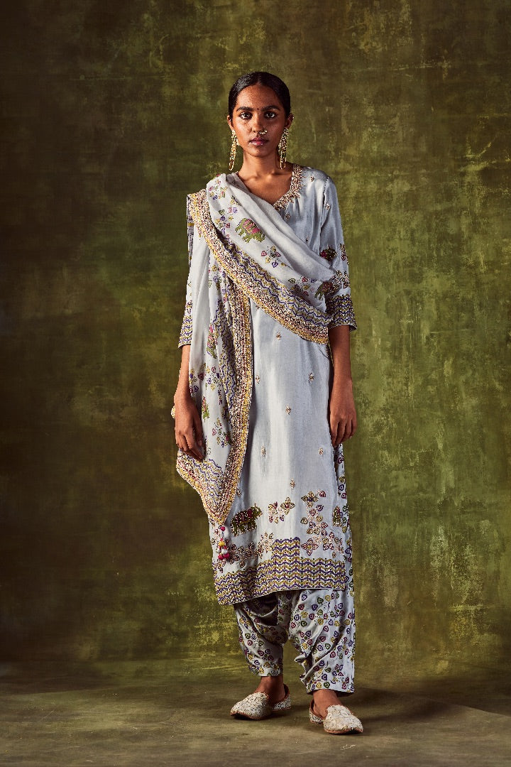 Grey Printed Gota & Marodi Kurta Set with Dupatta & Cowl Pants