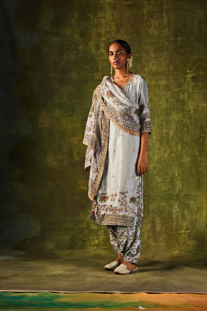 Grey Printed Gota  & Marodi Kurta Set with Dupatta & Cowl Pants