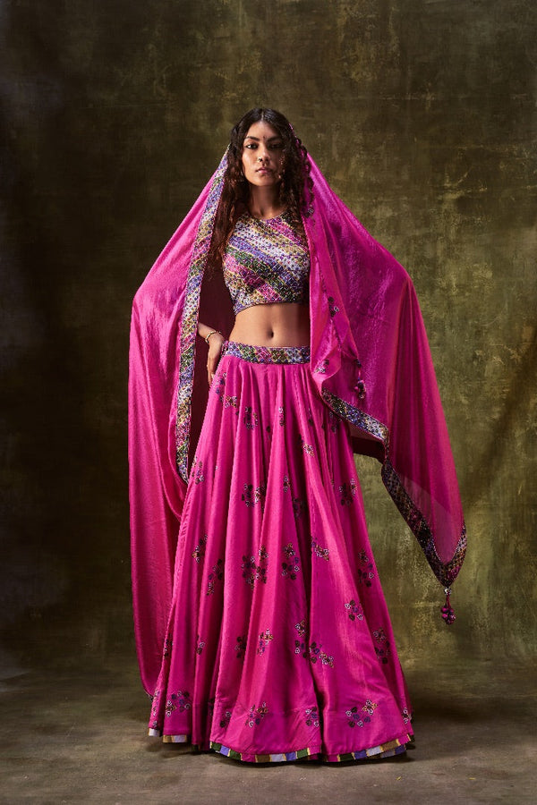 Rani Pink Printed Lehenga Set With Blouse & Dupatta