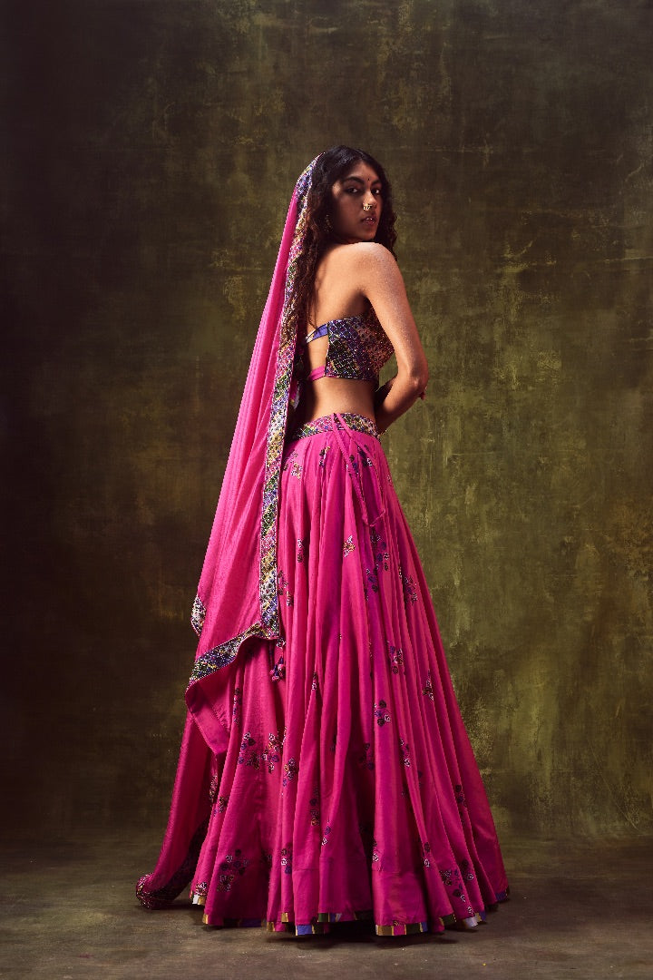 Rani Pink Printed Lehenga Set With Blouse & Dupatta