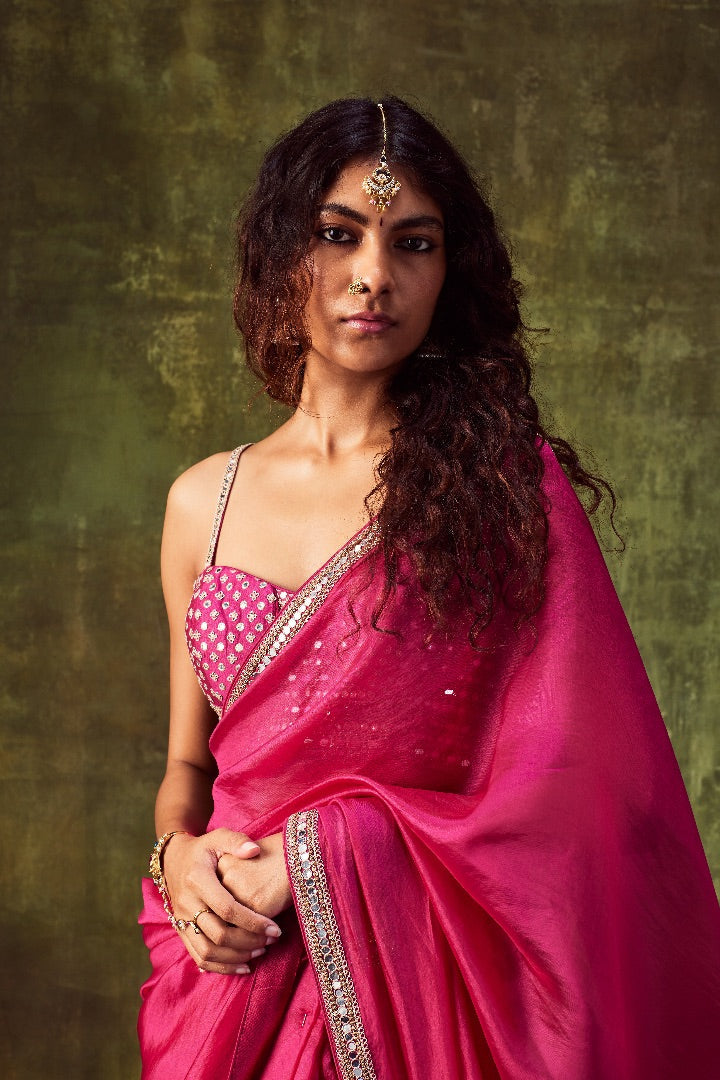 Rani Pink Saree With Blouse