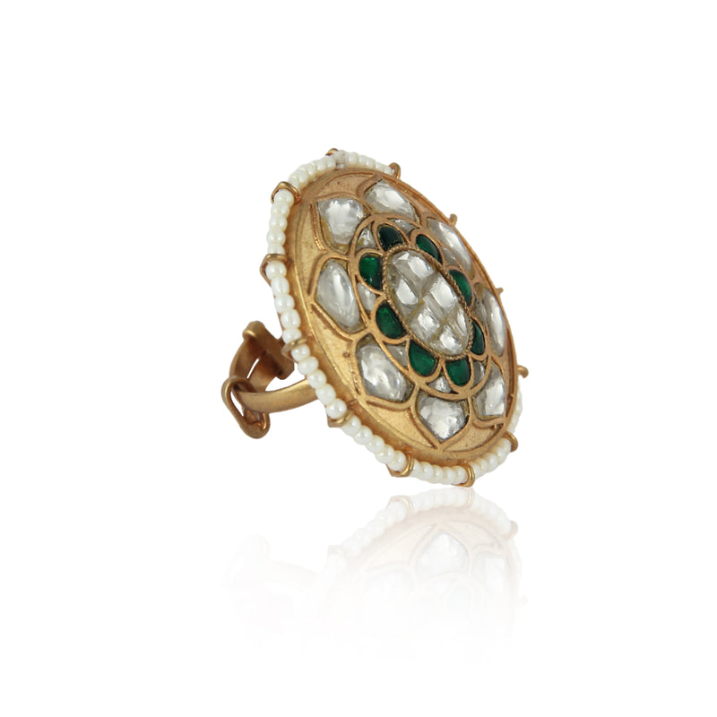OVAL SHAPE RING WITH GREEN AND WHITE STONES