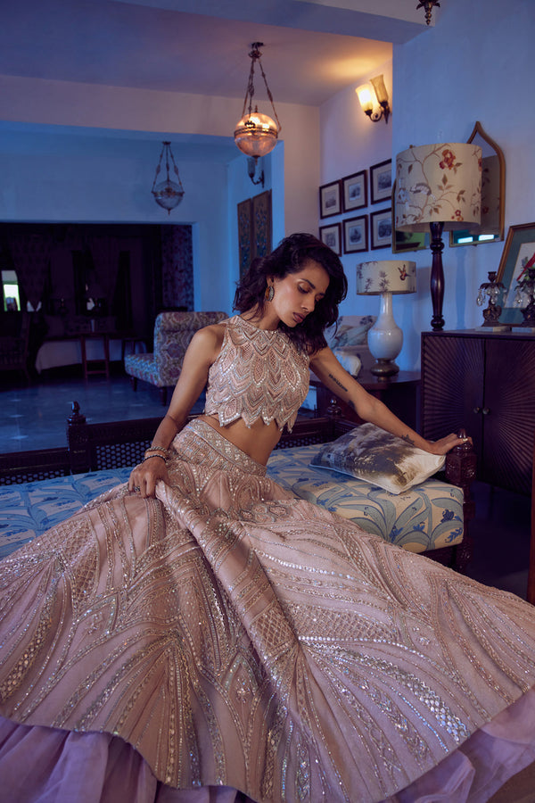 Bridal Statement Piece, Pink Champagne Lehenga, Hand Embroidery, Tulle And Satin Silk