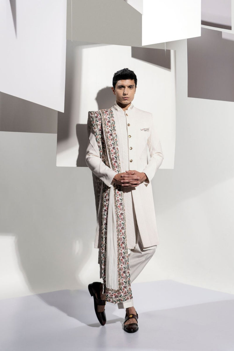 PLEATES SHERWANI WITH STOLL