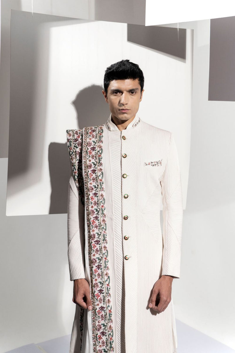 PLEATES SHERWANI WITH STOLL