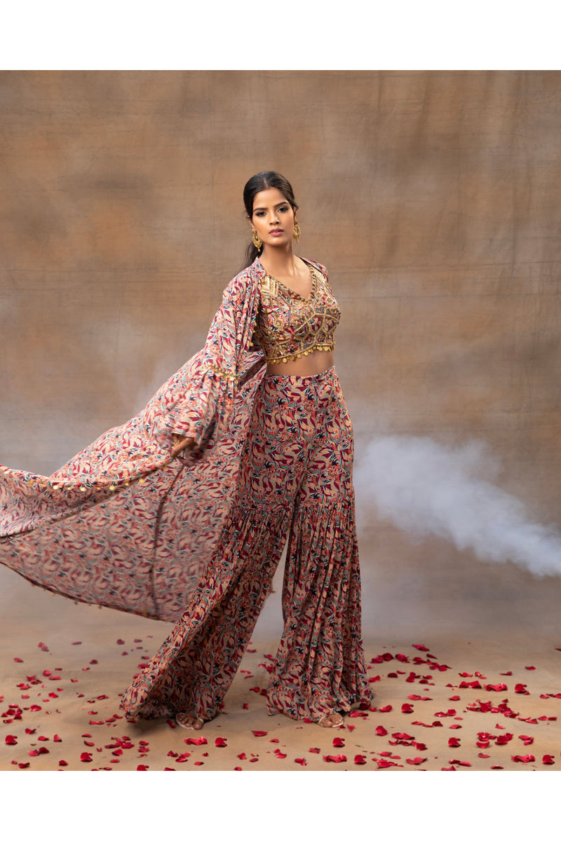 Ivory Printed Choli Sharara And Cape Set