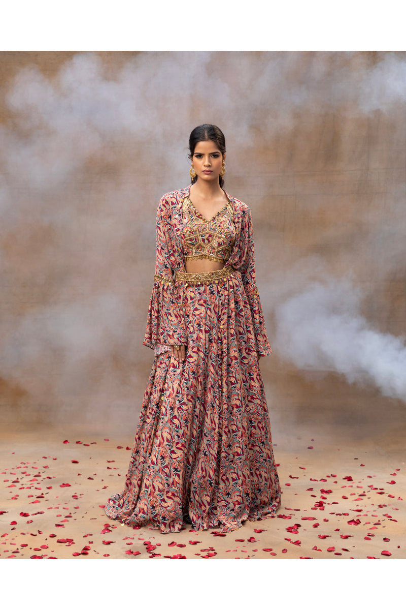 Ivory Printed Choli Lehenga And Cape Set