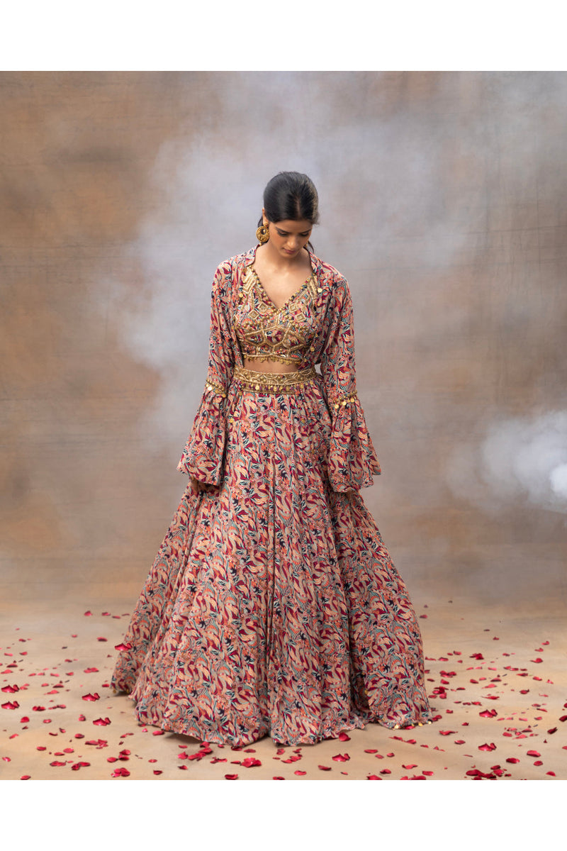 Ivory Printed Choli Lehenga And Cape Set