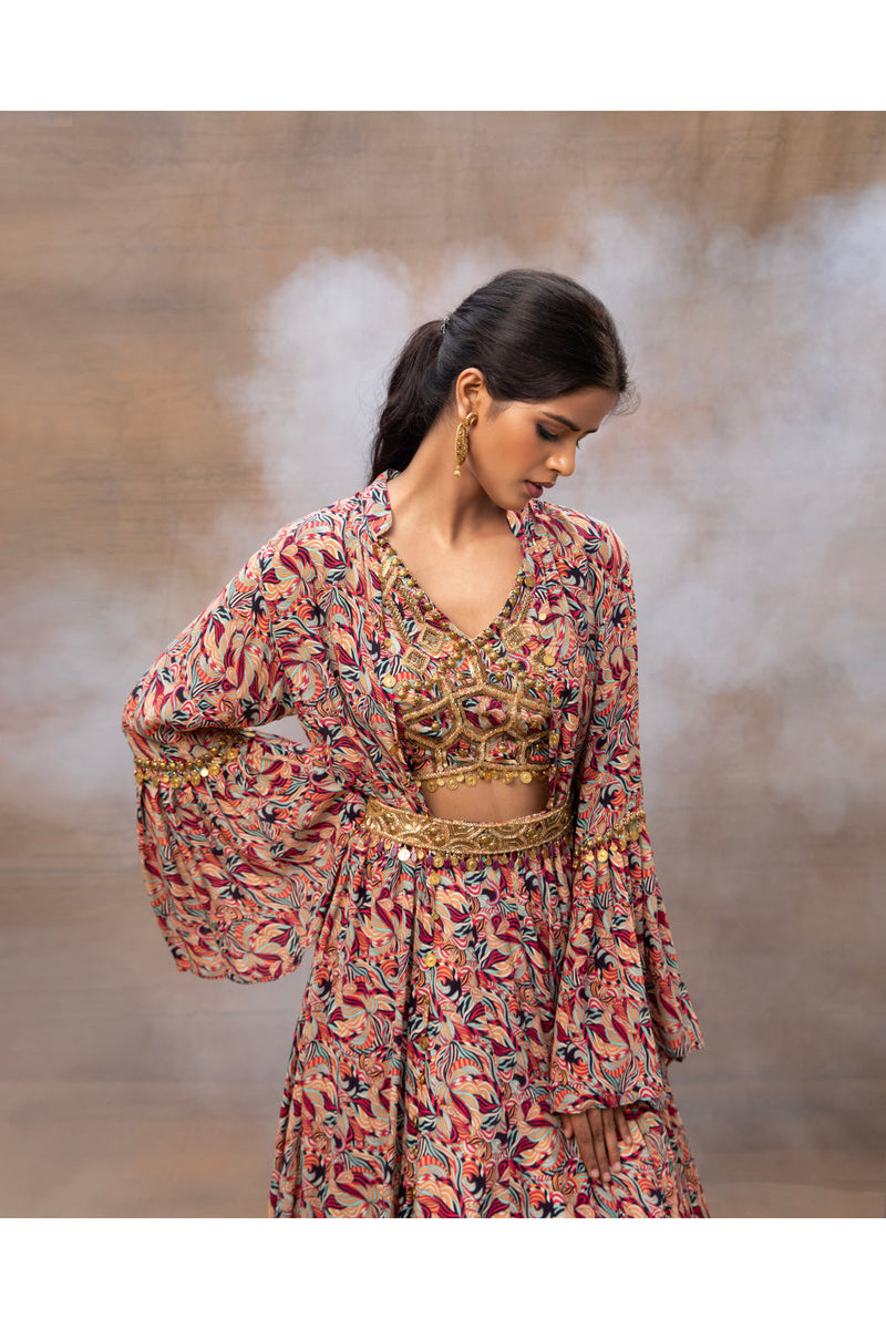 Ivory Printed Choli Lehenga And Cape Set