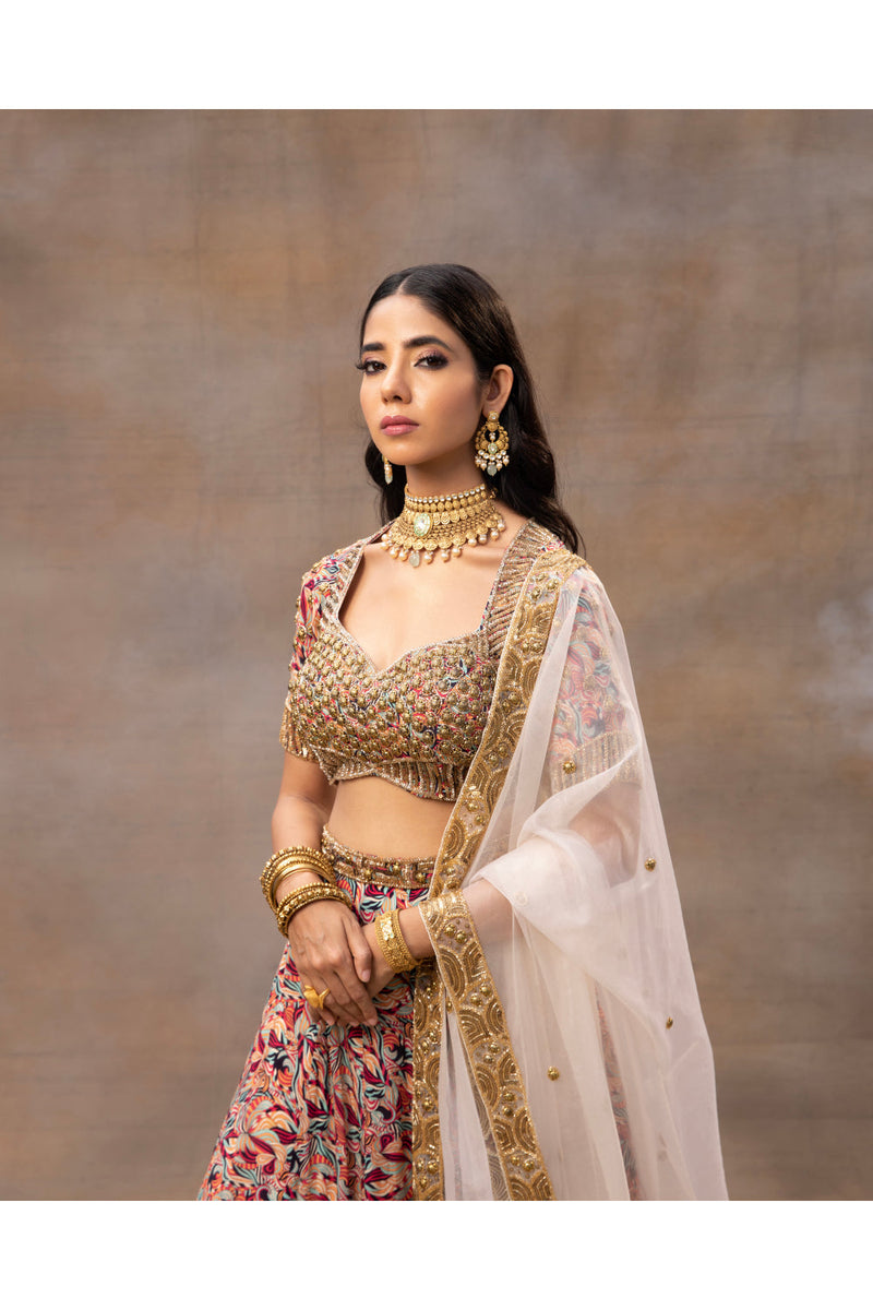 Ivory Printed Choli Lehenga And Dupatta Set