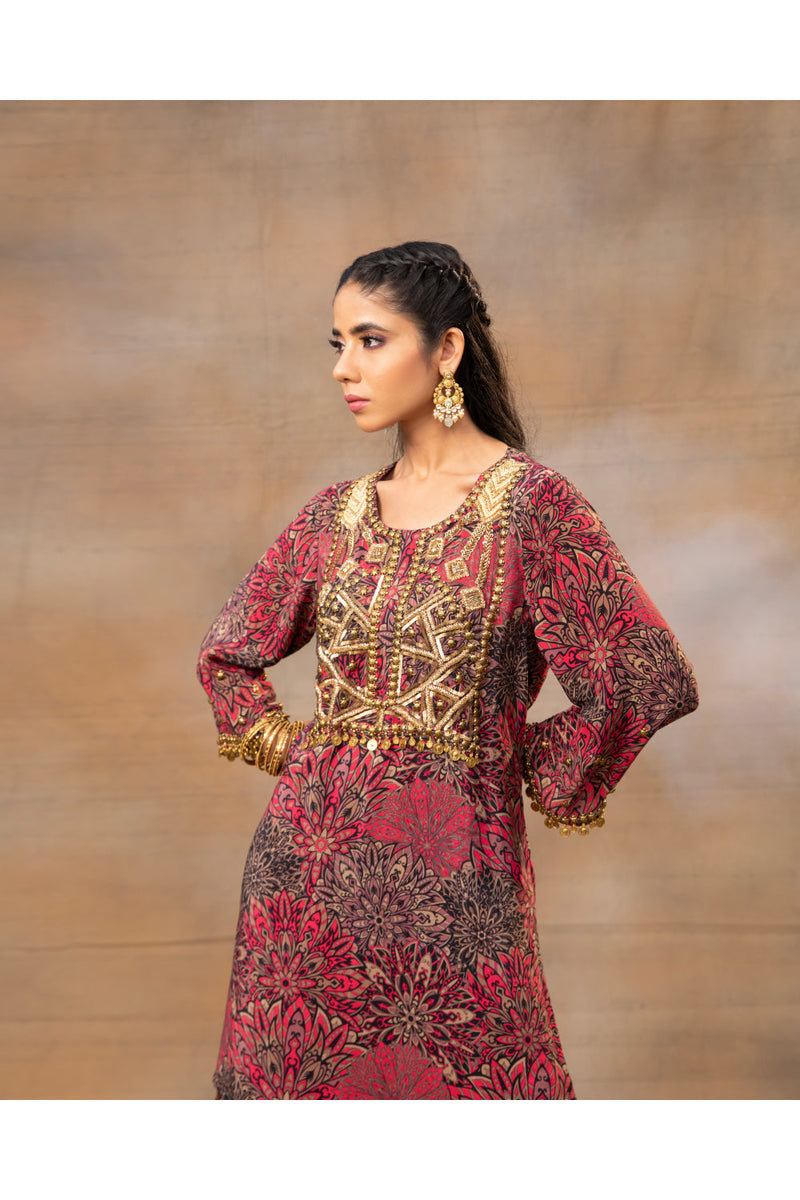 Pink Printed Embroidered Short Kurta Sharara Set