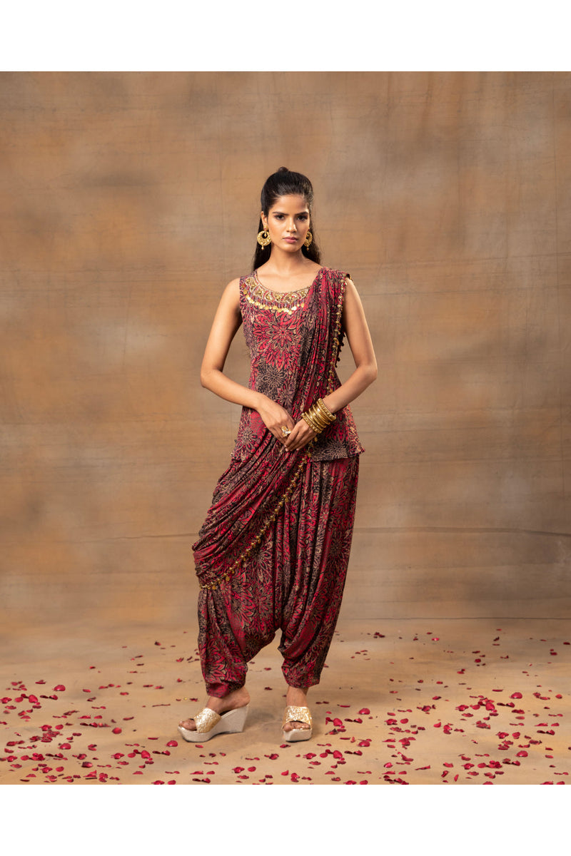 Pink Printed Embroidered Short Top, Dhoti Pants  And Drape Set